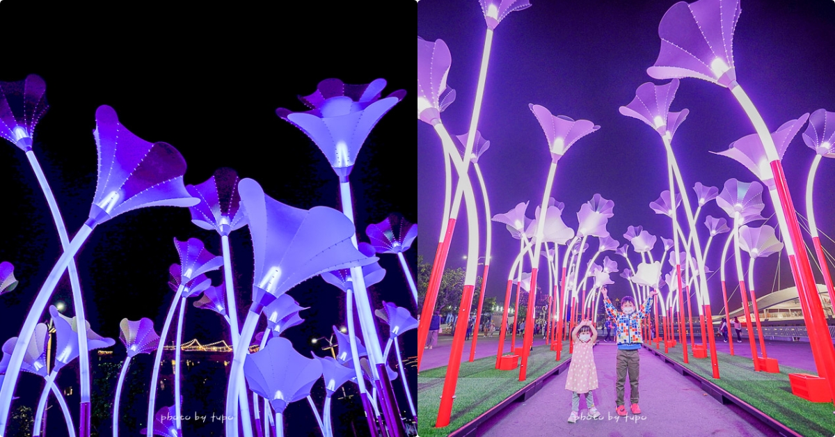 高雄新景點》巨人夢幻花園，駁二藝術特區大港橋旁，2022台灣燈會在高雄最新作品，晚上點燈變色搭配音樂超夢幻，走進巨大花園中吧～