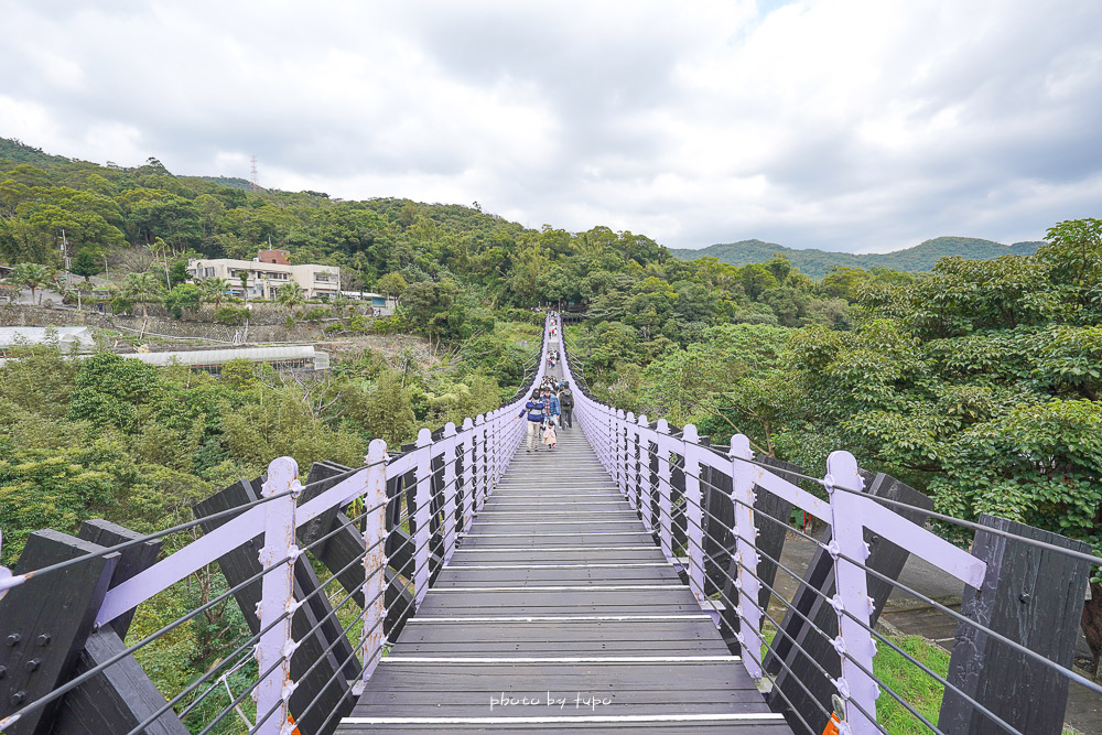 台北內湖景點》白石湖吊橋，全長116公尺的紫色吊橋，少見的無懸掛吊纜繩的隱形吊橋，適合踏青好走的步道