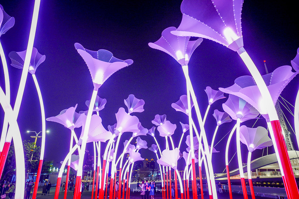 高雄新景點》巨人的夢幻花園，2022台灣燈會在高雄最新作品，駁二藝術特區大港橋旁，晚上點燈變色搭配音樂超夢幻，走進巨大花園中吧～