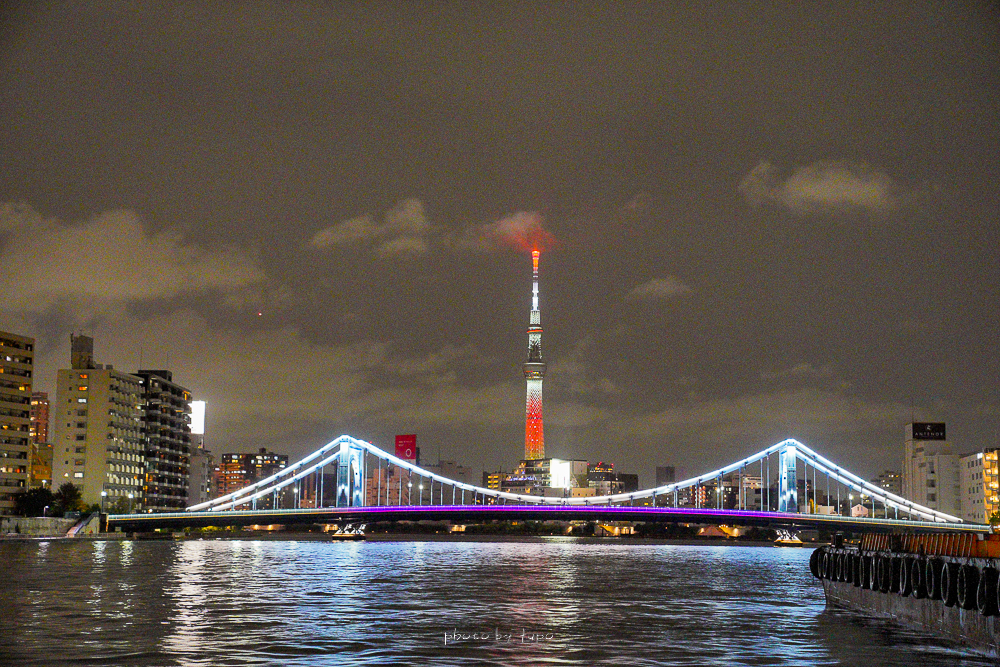 東京夜景景點》釣新淺草屋形船，搭紅燈籠屋形船吃晚餐看夜景，酒精飲料無限暢飲