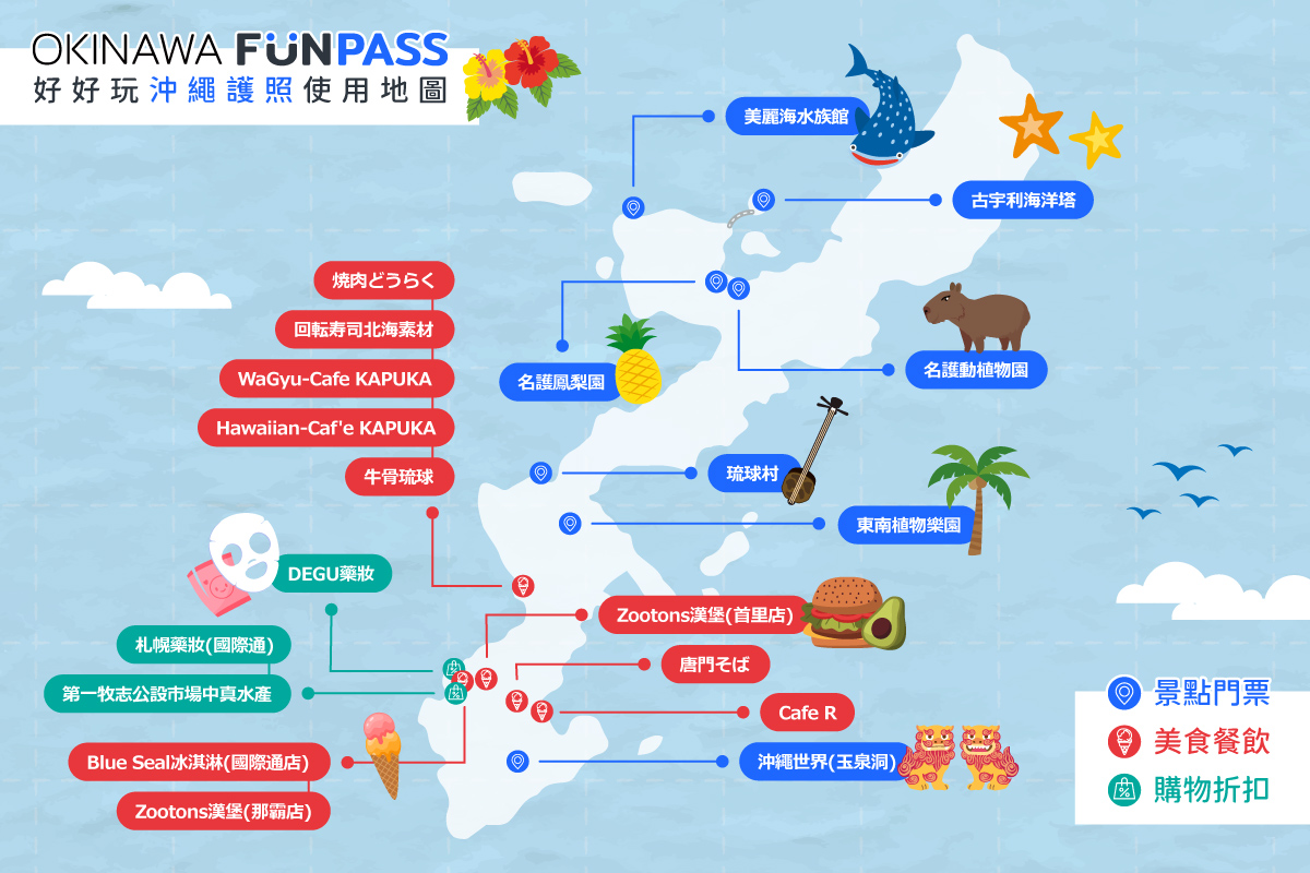 2023沖繩四天三夜自由行地圖，最新Okinawa FunPASS 好好玩沖繩護照，藥妝購物、美食、七大景點地圖