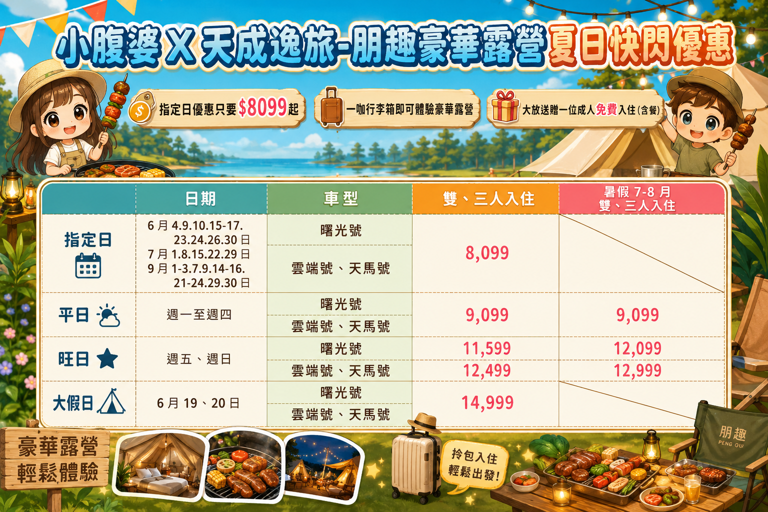 2026桃園「天成逸旅-朋趣豪華露營」一咖行李箱即可入住,最狂露營車體驗,超豪華一泊四食,第三位免費入住含餐