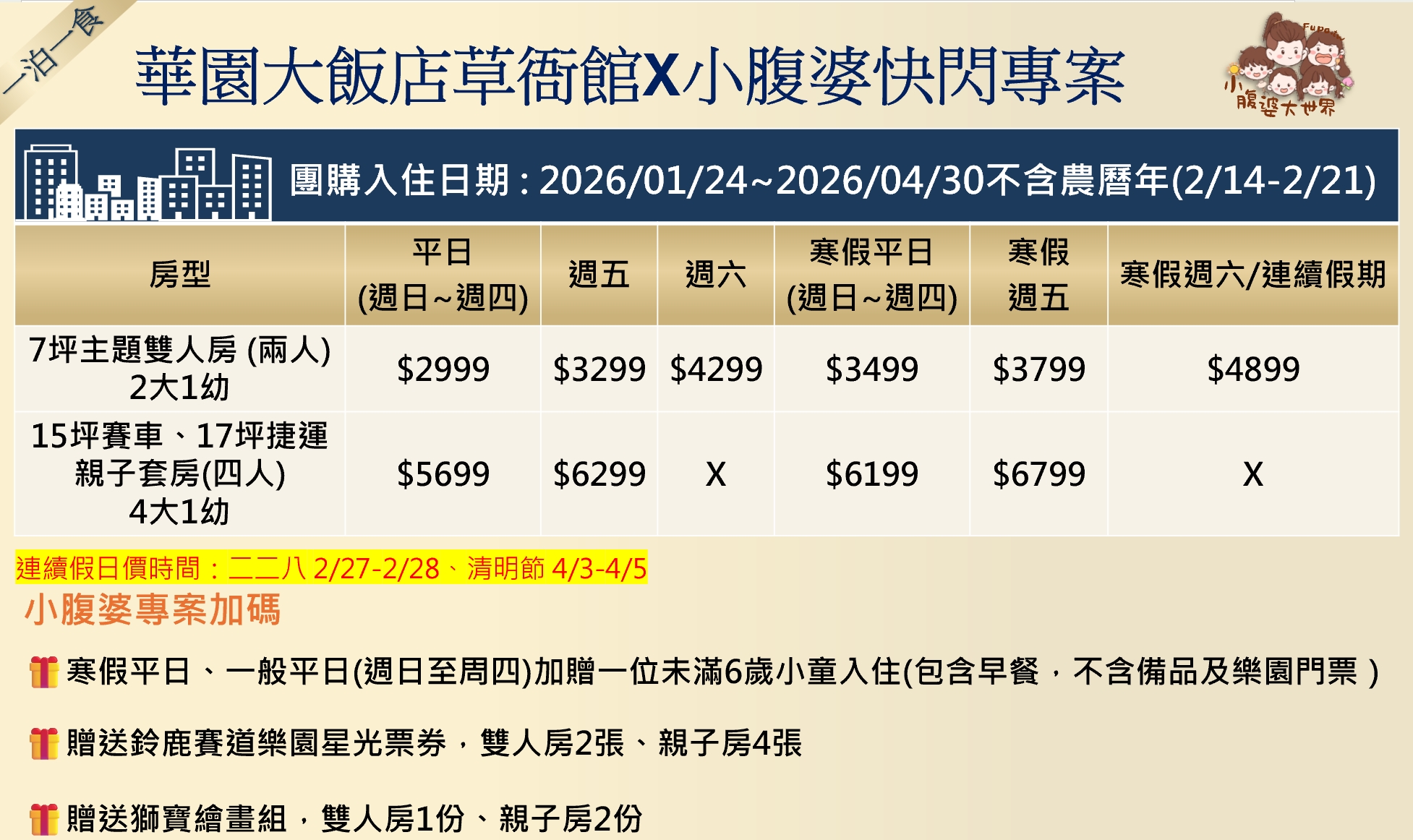 【2026 高雄親子飯店推薦】華園大飯店草衙館｜SKM Park 旁＋鈴鹿賽道樂園門票，親子住宿 $2XXX 起，高 CP 值首選