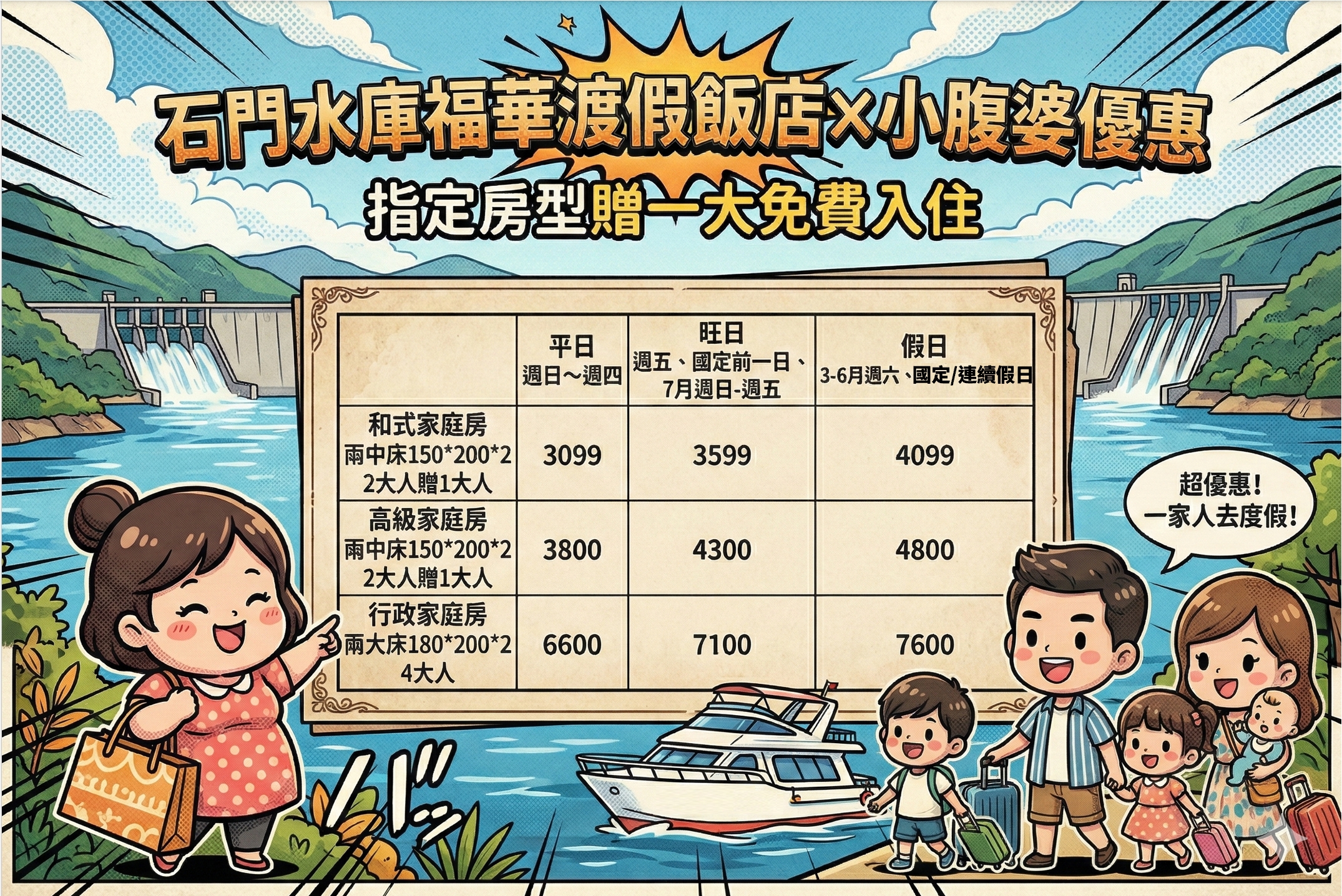 桃園親子飯店【石門水庫福華渡假飯店】2026暑假首檔、超美戶外景觀泳池、400坪遊戲區、升級家庭房優惠$3099