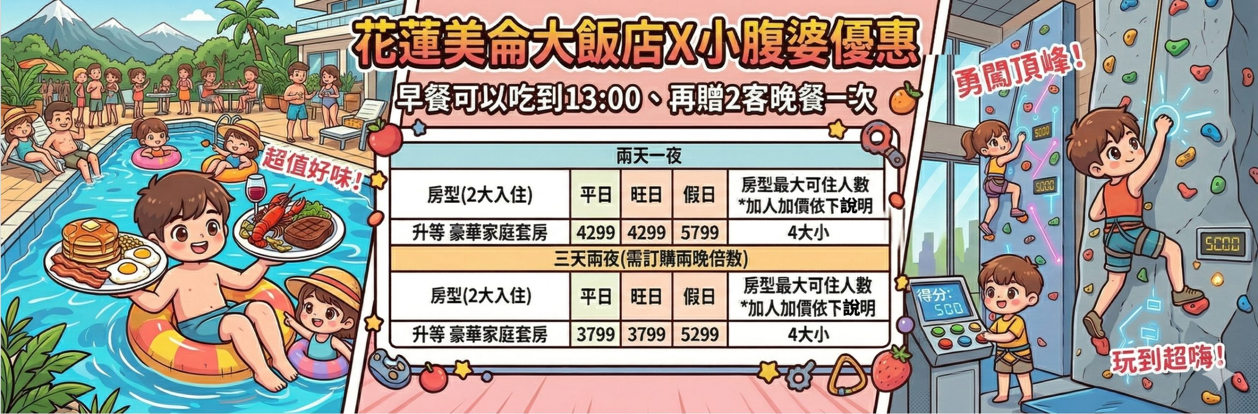 花蓮住宿優惠【花蓮美侖大飯店】全新改裝房型，超美渡假泳池、室內遊戲區，早餐可以吃到13:00