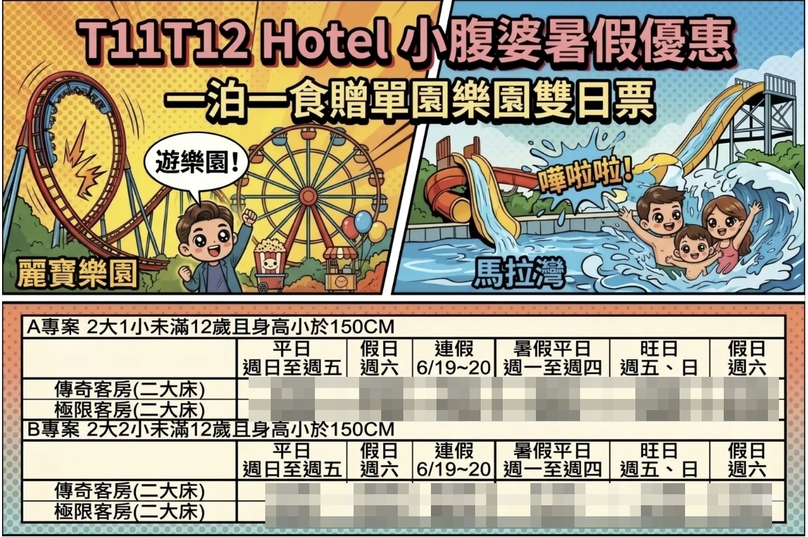 2026台中麗寶樂園住宿團購｜麗寶T11T12 Hotel賽車旅店．雙日樂園門票＋馬拉灣＋早餐，2大1小$5XXX起