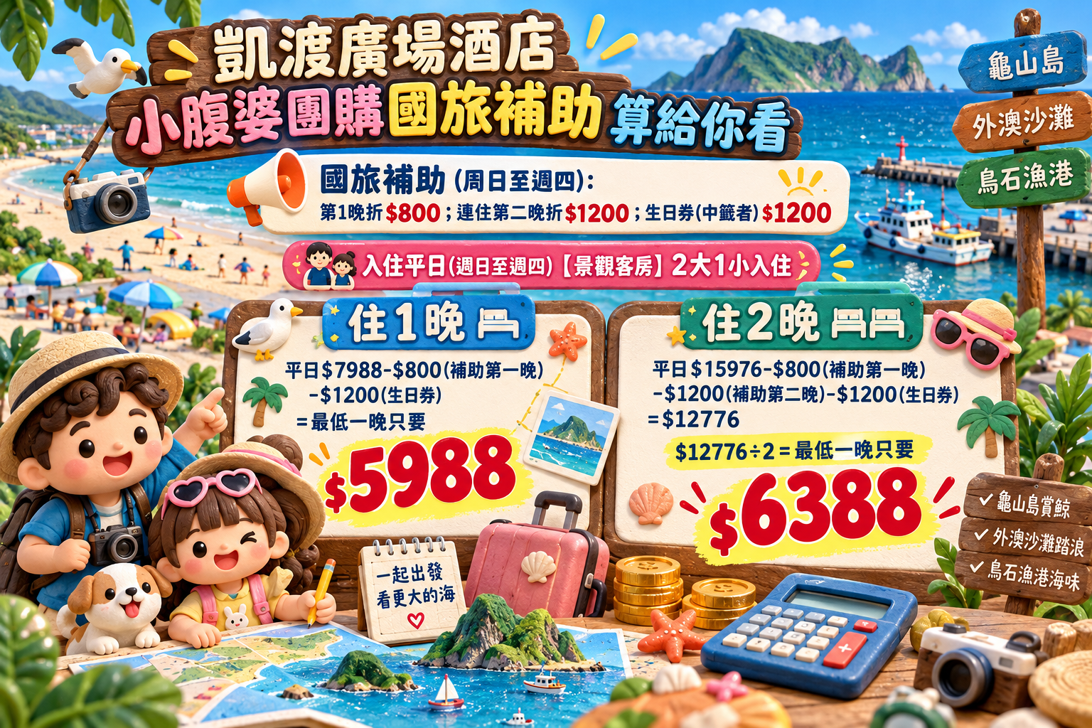 宜蘭頭城凱渡廣場酒店實住分享！烏石港海景第一排、龜山島日出，全台唯一戶外海水泳池＋漂漂河，400坪室內遊戲區與美人湯溫泉，親子家庭一泊二食首選，附訂房優惠連結