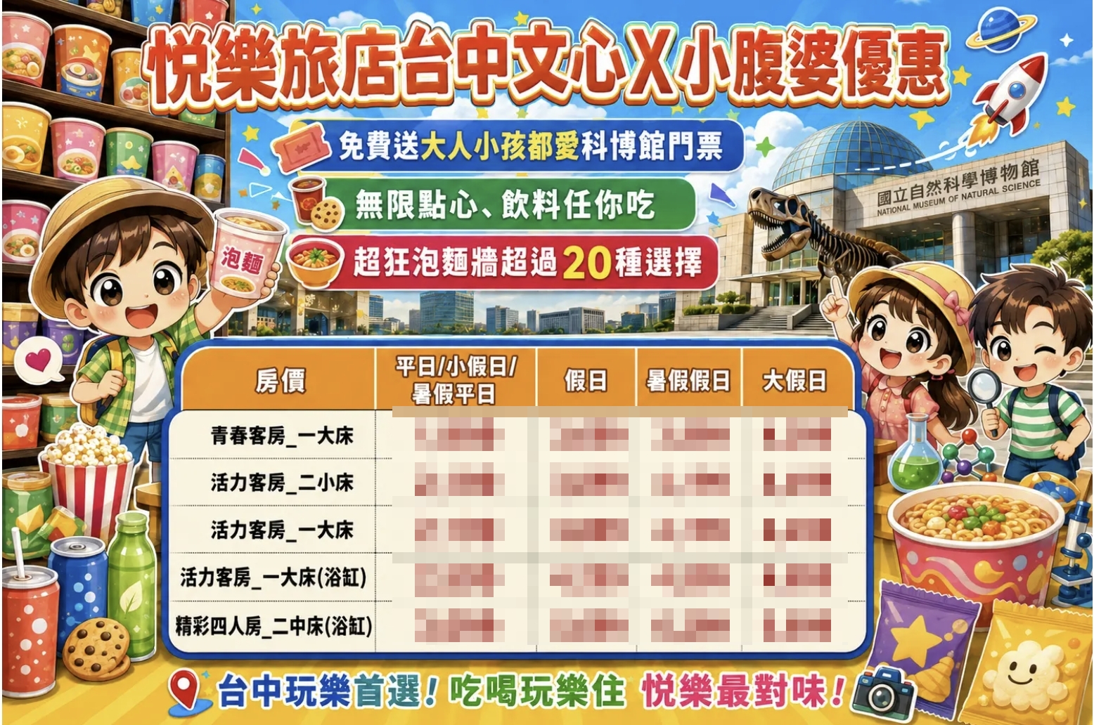 台中住宿推薦2026｜悅樂旅店台中文心OLAH，超大交誼廳．20種宵夜泡麵吃到飽．近崇德文心捷運｜小腹婆團購優惠