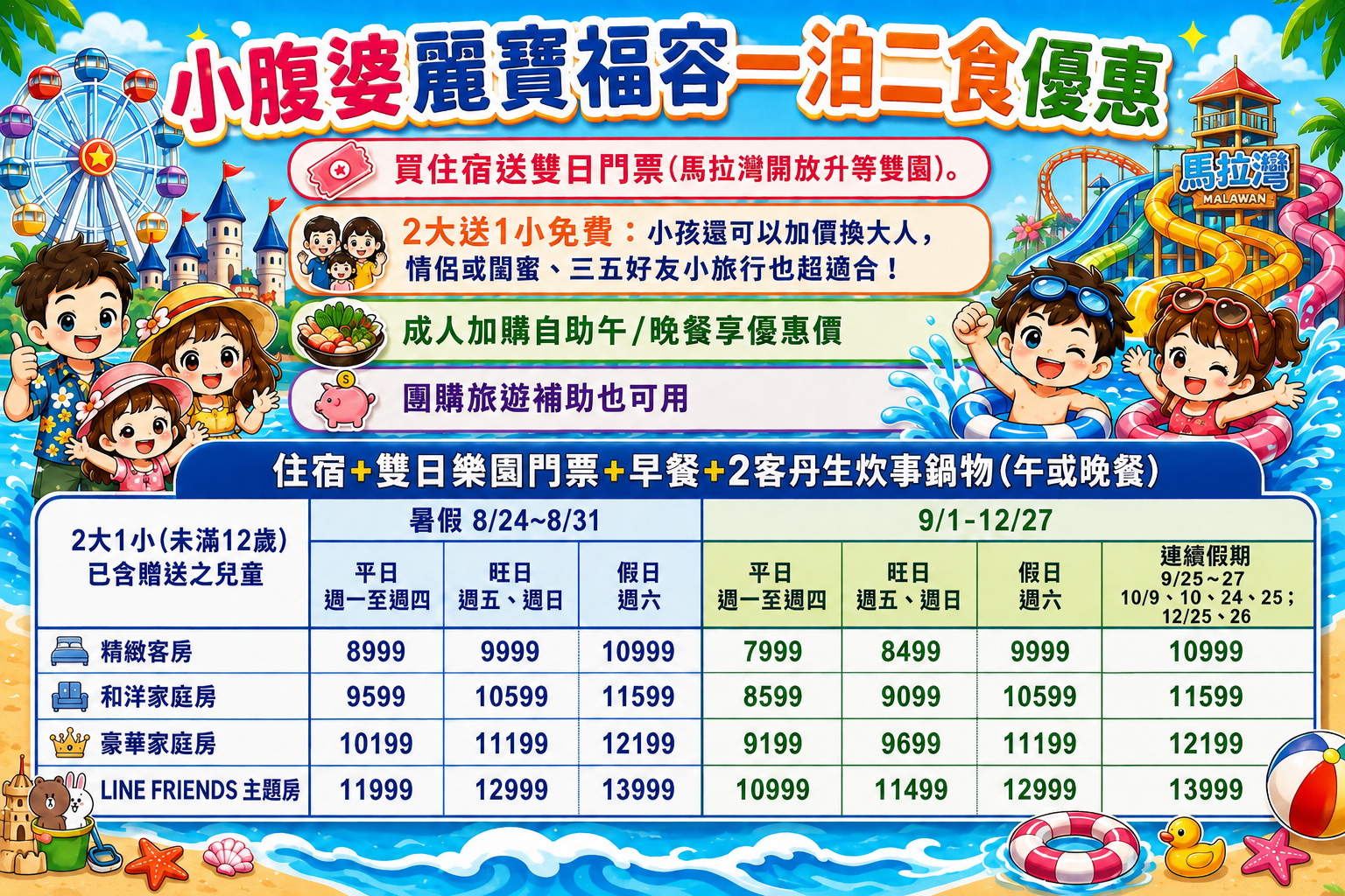 2026台中麗寶福容大飯店團購｜麗寶樂園住宿優惠，2大1小含早餐＋水陸雙樂園雙日門票