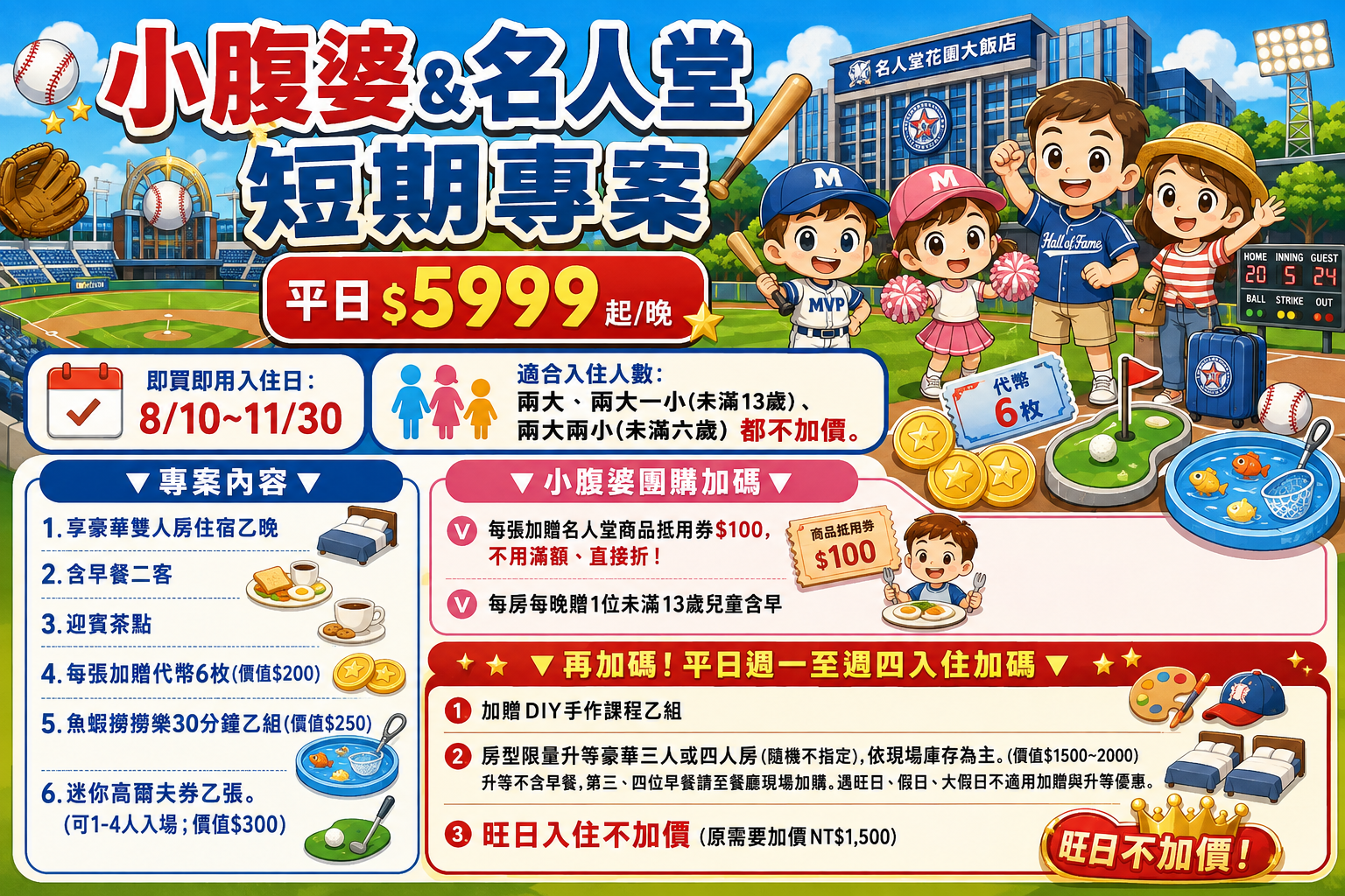 名人堂花園大飯店短期限量專案｜棒球×史努比主題、平日升等、旺日免加價、第三第四人免費住