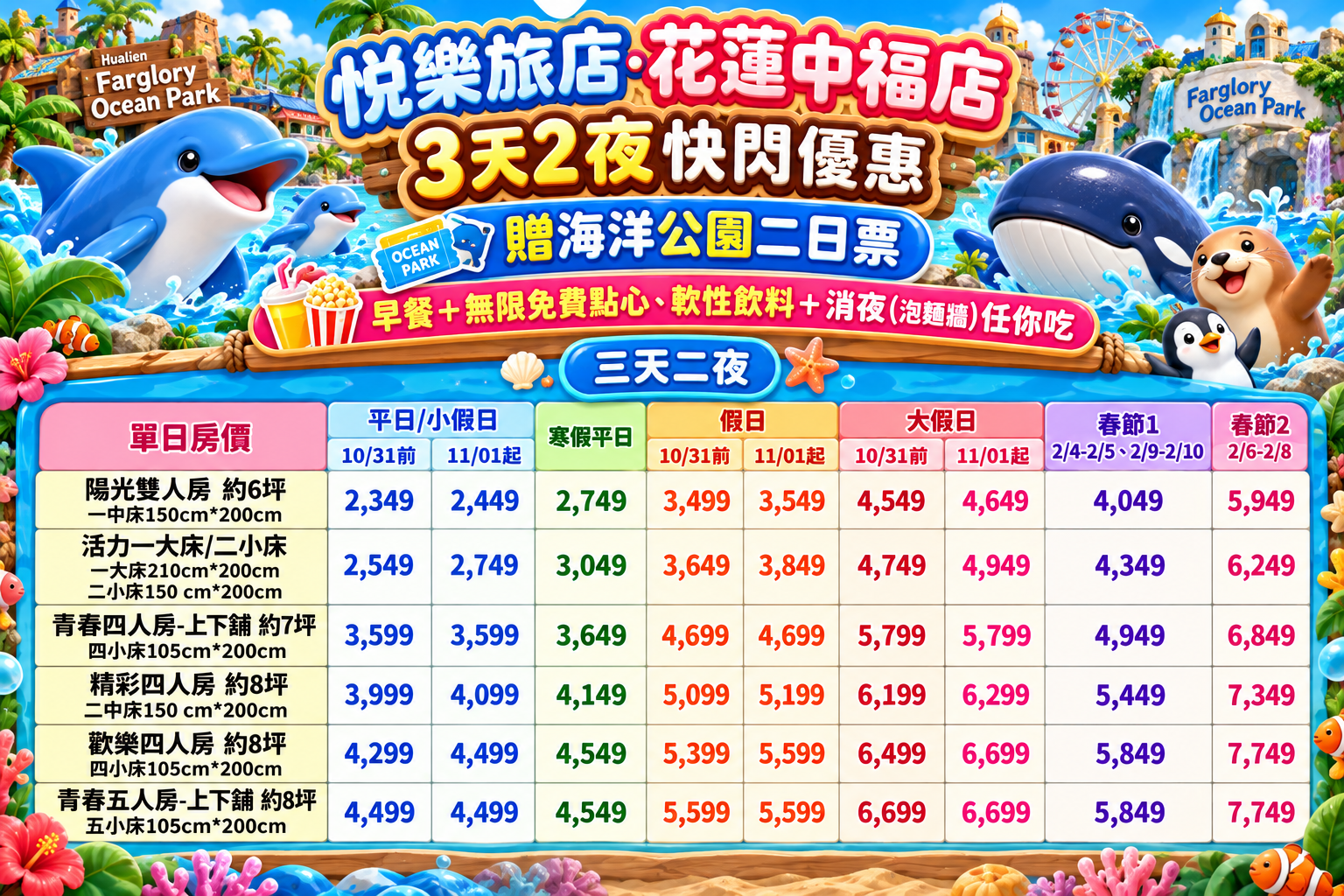 2026花蓮悅樂旅店團購｜三天二夜送遠雄海洋公園門票，雙人房$1999起加贈兒童免費住，爆米花、泡麵宵夜免費吃