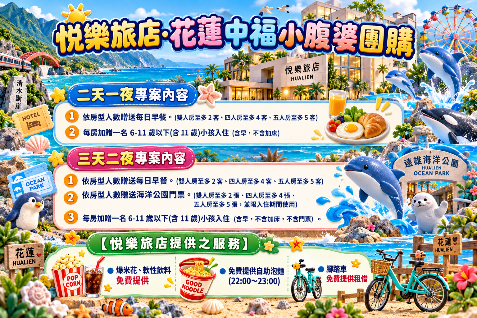 2026花蓮悅樂旅店團購｜三天二夜送遠雄海洋公園門票，雙人房$1999起加贈兒童免費住，爆米花、泡麵宵夜免費吃