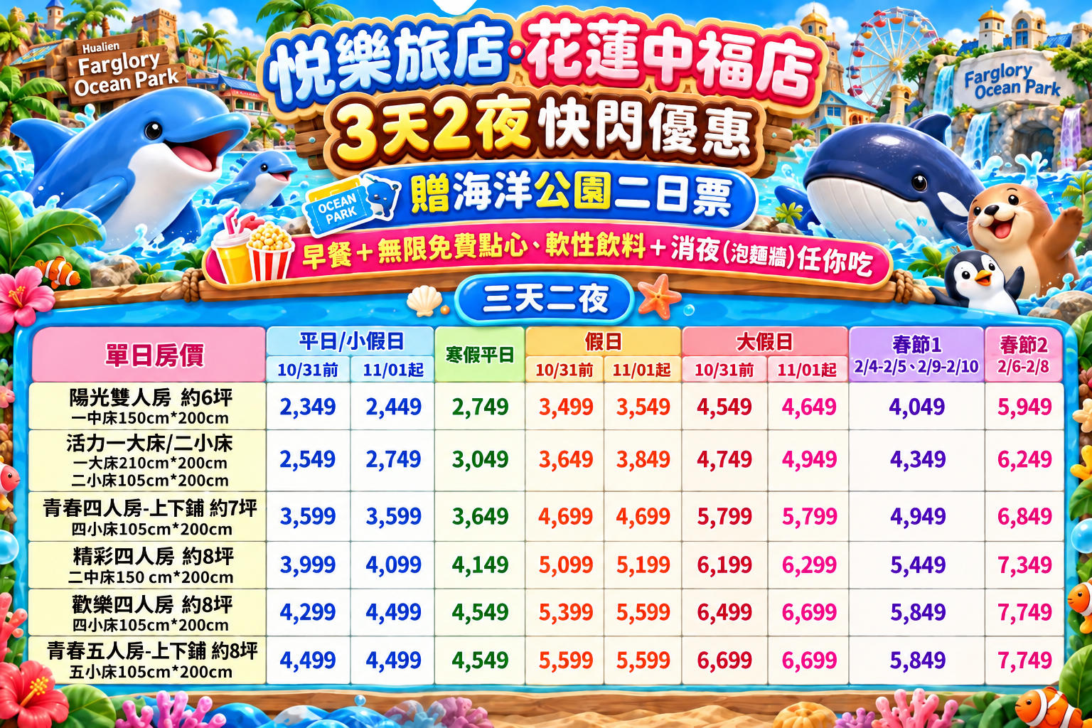 2026花蓮悅樂旅店團購｜三天二夜送遠雄海洋公園門票，雙人房$1999起加贈兒童免費住，爆米花、泡麵宵夜免費吃