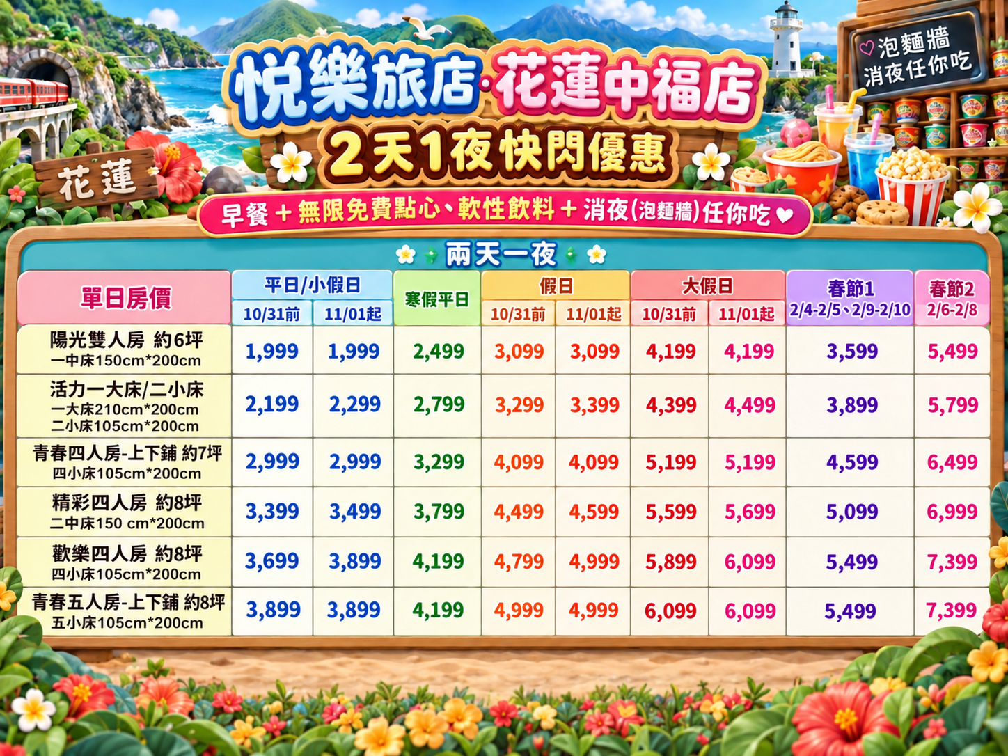 2026花蓮悅樂旅店團購｜三天二夜送遠雄海洋公園門票，雙人房$1999起加贈兒童免費住，爆米花、泡麵宵夜免費吃