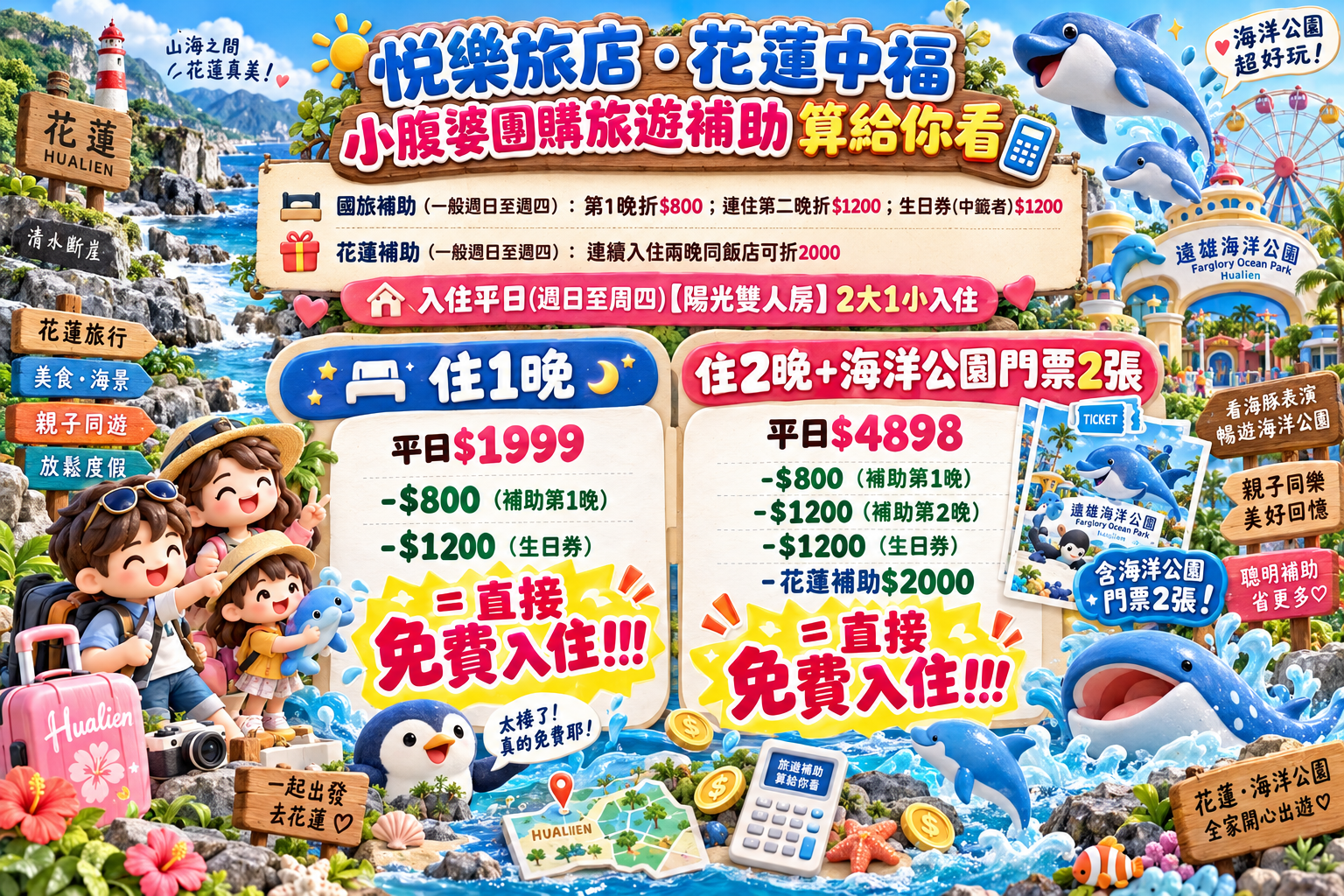 2026花蓮悅樂旅店團購｜三天二夜送遠雄海洋公園門票，雙人房$1999起加贈兒童免費住，爆米花、泡麵宵夜免費吃