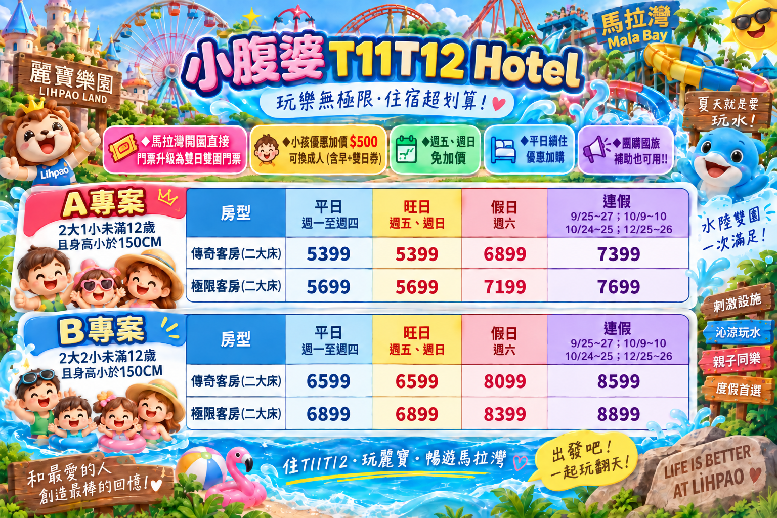 2026台中麗寶樂園住宿團購｜麗寶T11 T12 Hotel賽車旅店．早餐＋雙日樂園門票，全台最大水樂園，2大1小5XXX元起